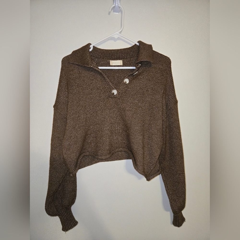 Womens Altar'd State Heathered Brown V Neck Cropped Sweater Size Small Oversized